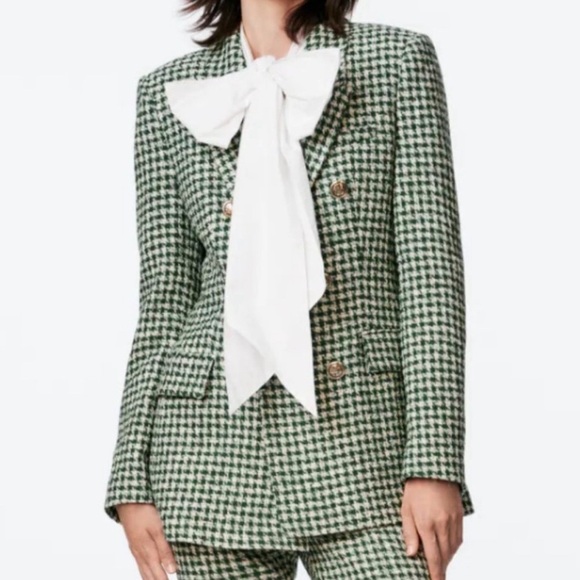 Zara Ecru/Green Houndstooth Lapel Collar Double Breasted Blazer Kate Middleton S - Picture 7 of 8